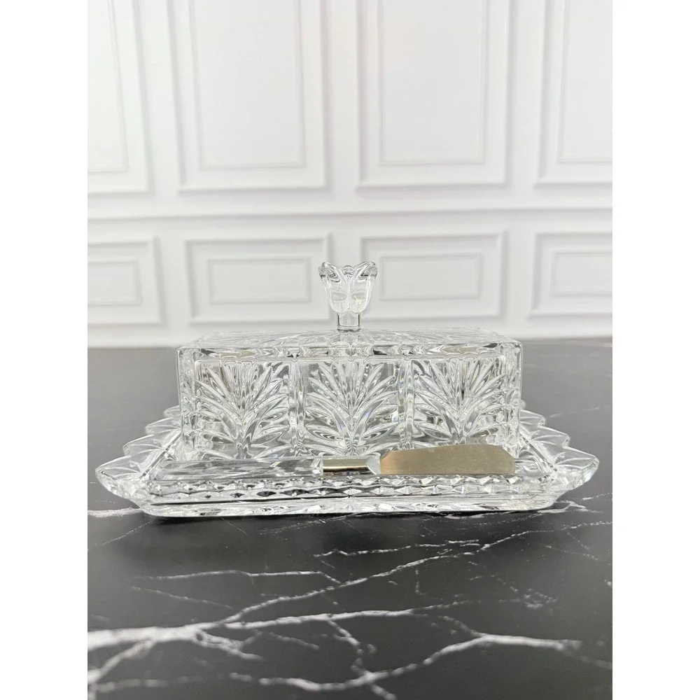 VTG Fifth Avenue Crystal Butter Dish with Underplate and Butterknife 3 Piece